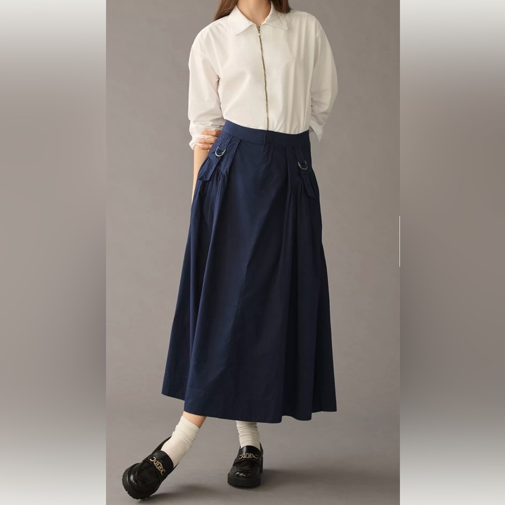 NEW NWT By Anthropologie Poplin Utility Maxi Long Skirt Boho Cotton Pleated 10 M